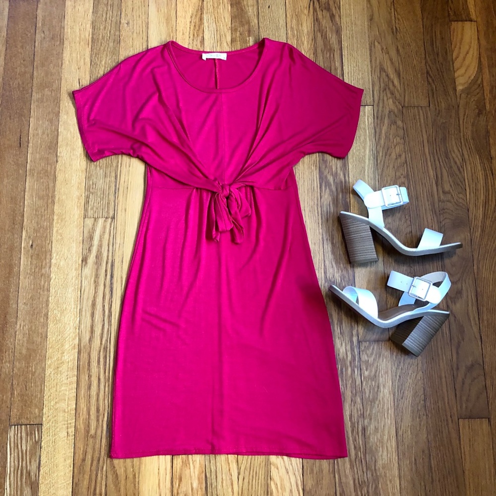 Red Tie Front Short Sleeve Dress